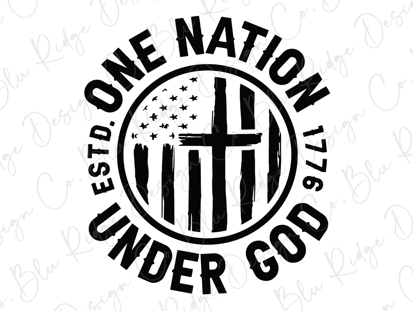 a black and white image of a cross with the words, one nation under god