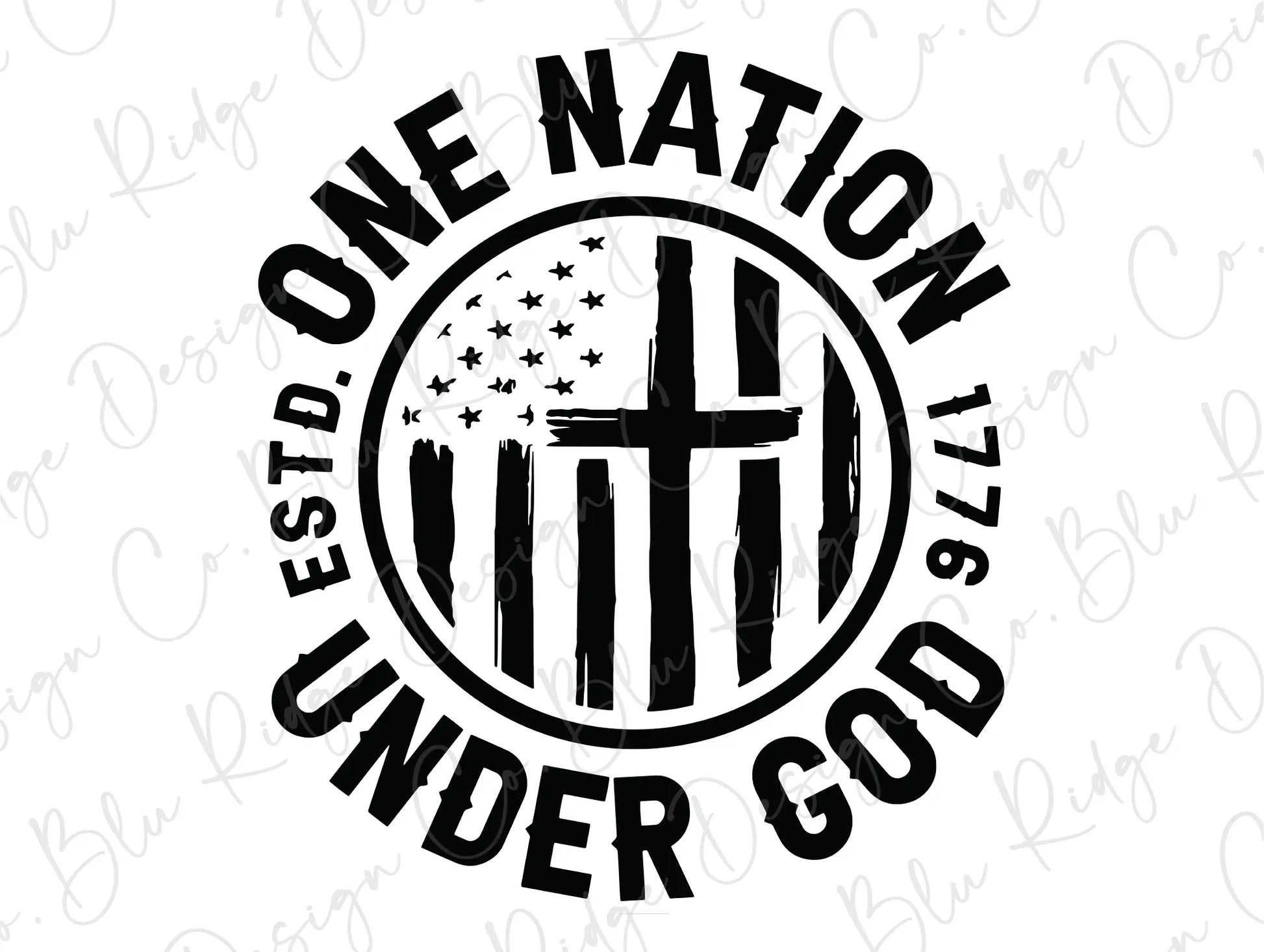 a black and white image of a cross with the words, one nation under god
