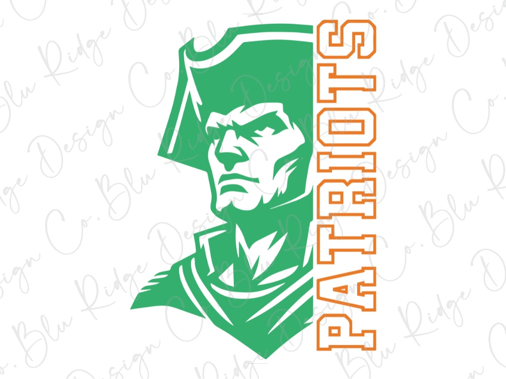 a stylized depiction of a man wearing a green hat and a green and white jersey, with the word "PATRIOTS" written in orange text on the right side.