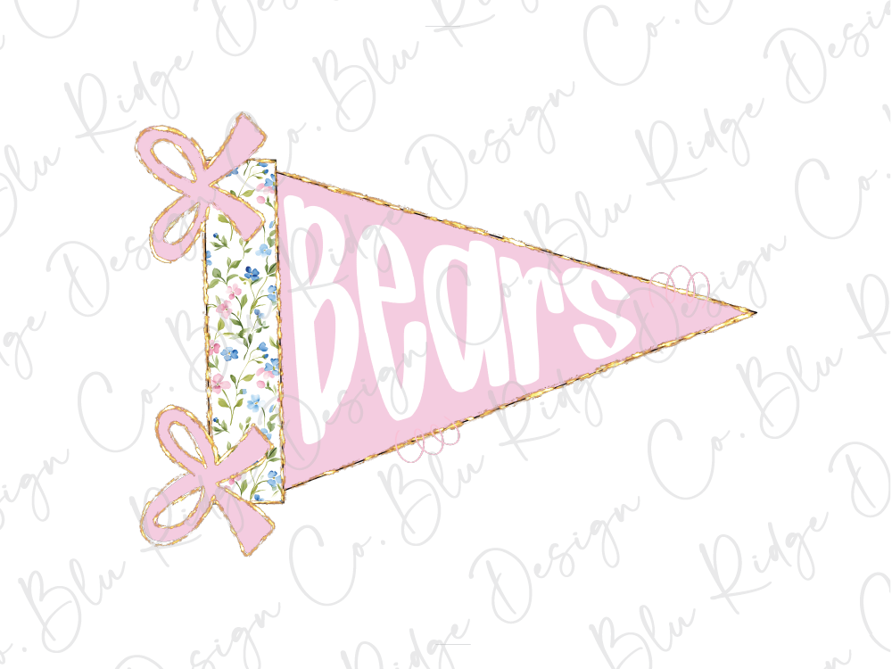 A pink triangular flag with the word "Bears" written on it, along with two pink bows.