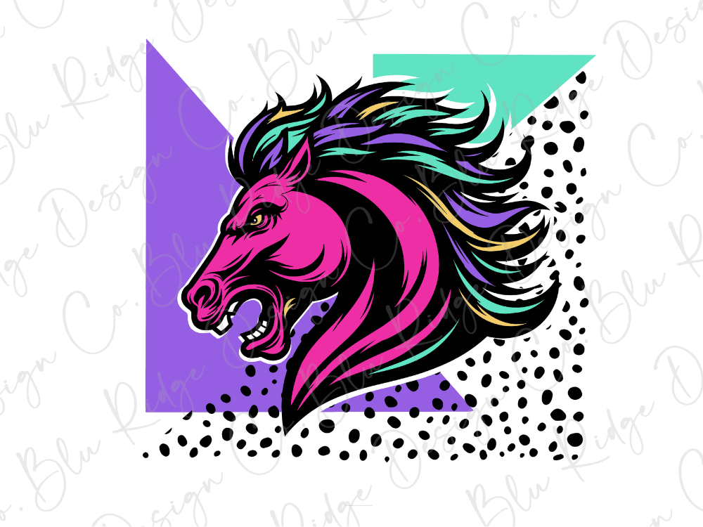 A stylized illustration of a pink horse with a fierce expression, surrounded by geometric shapes in various colors including purple, green, and black.
