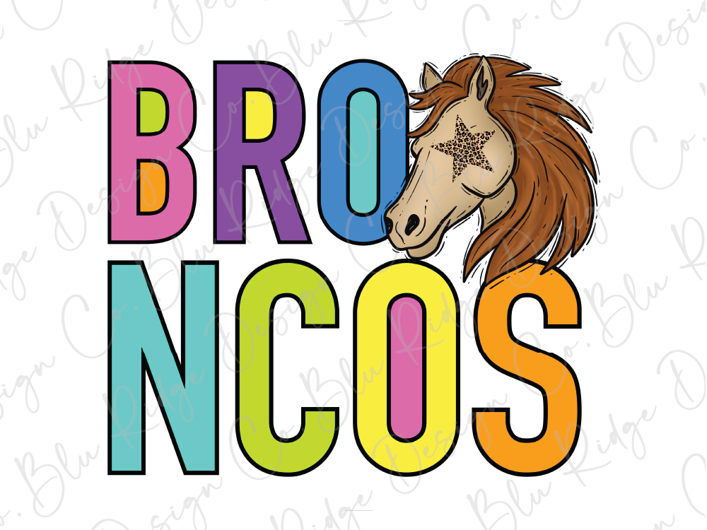 a stylized representation of the word "BRONNCOS" with a horse's head and star design.