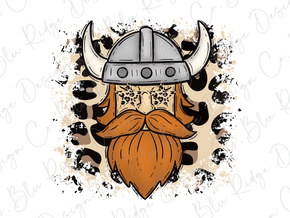 A stylized illustration of a bearded man wearing a Viking helmet, with a leopard print background.