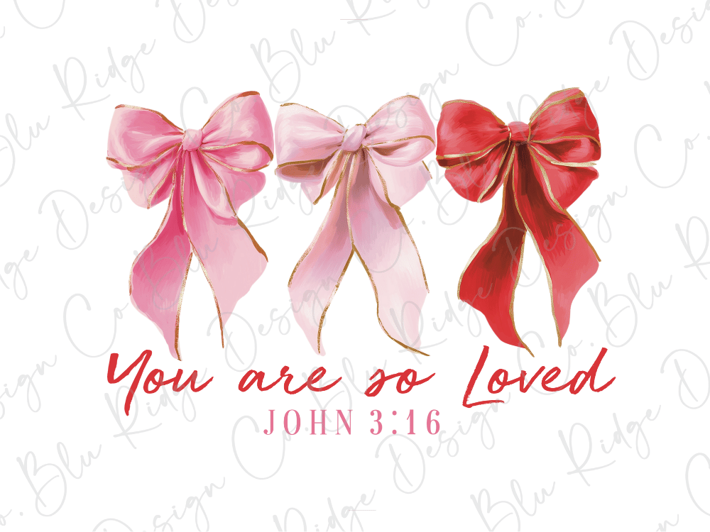 three bows of different colors - pink, red, and gold - arranged in a row. Below the bows, there is a text that reads "You are so loved" and a Bible verse reference "John 3:16".