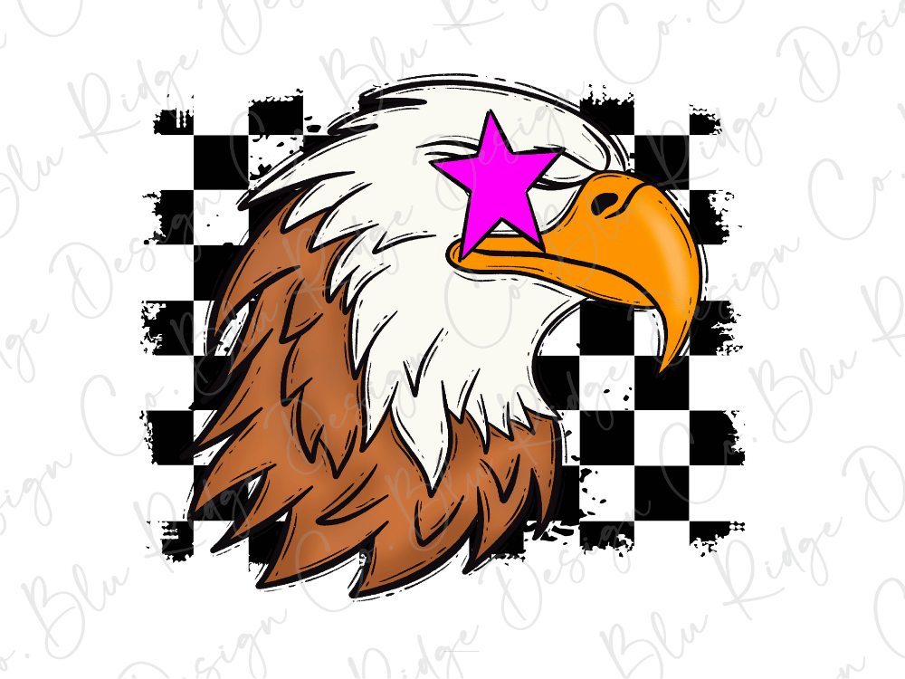 A stylized illustration of an eagle head with a pink star on its eye, set against a background of black and white checkered squares.