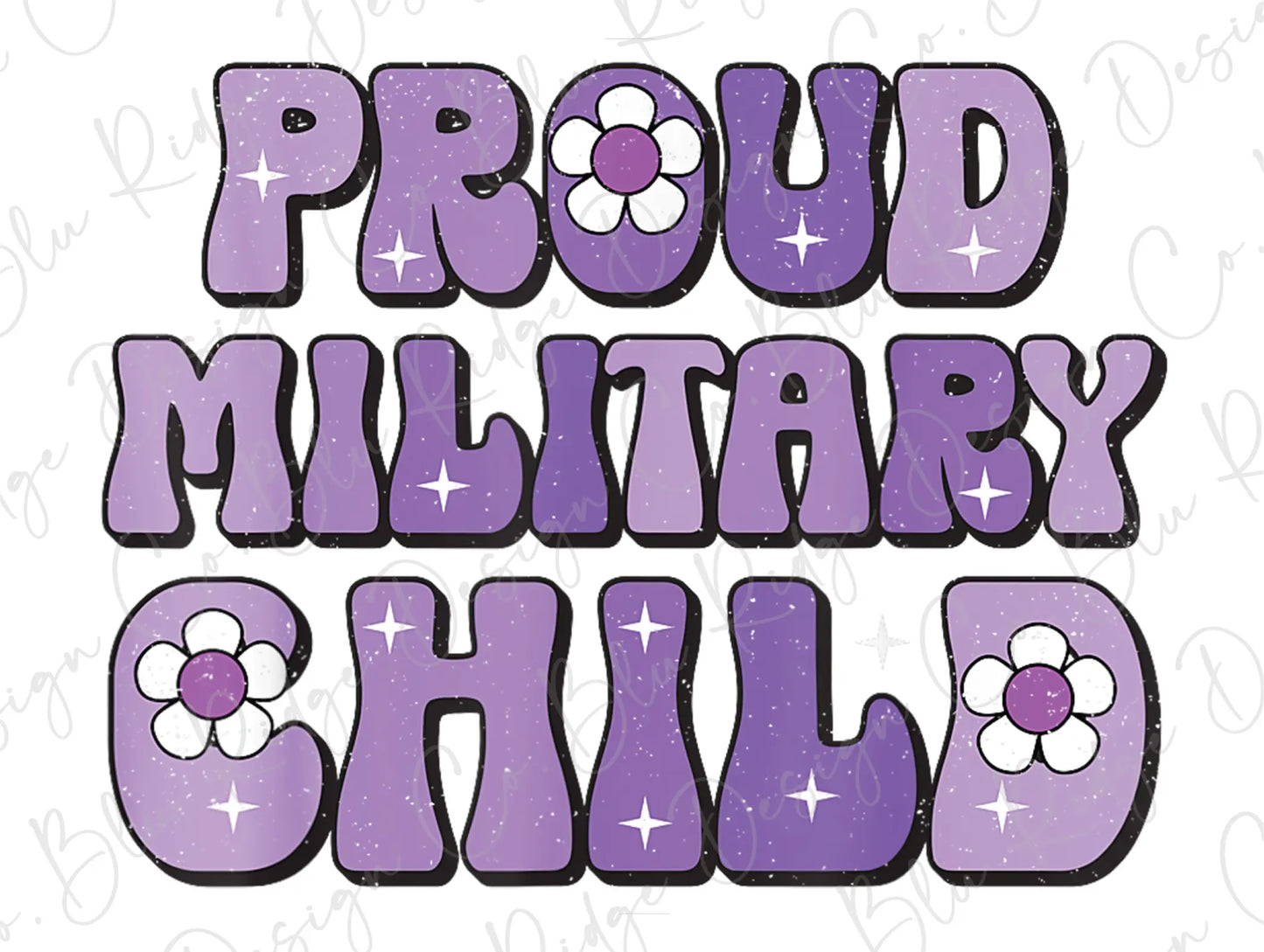 the word proud military child written in purple