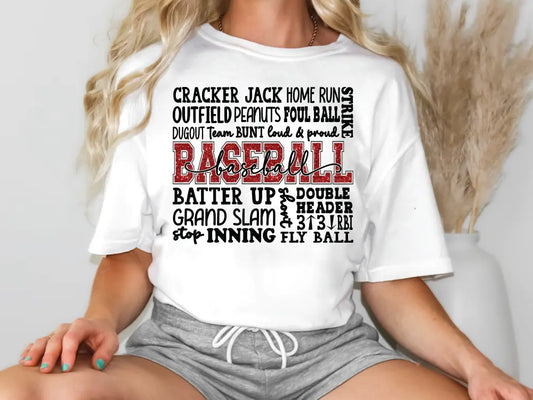 a woman sitting on a couch wearing a baseball shirt