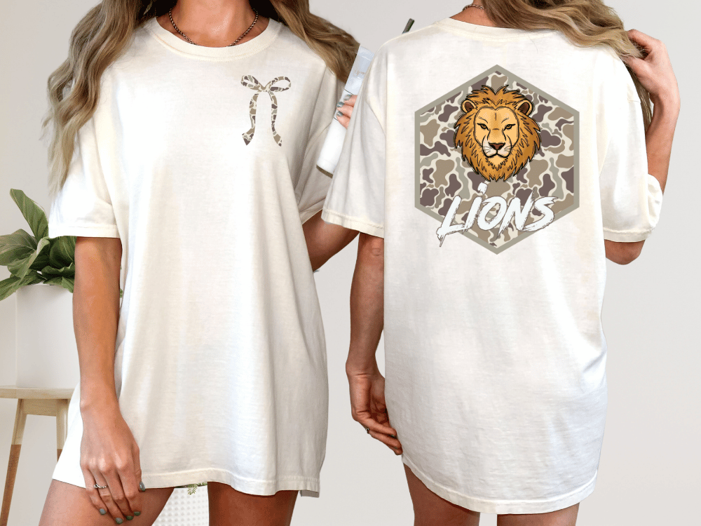 two different views of a white t-shirt with a lion graphic and the word "LIONS" printed on the back.
