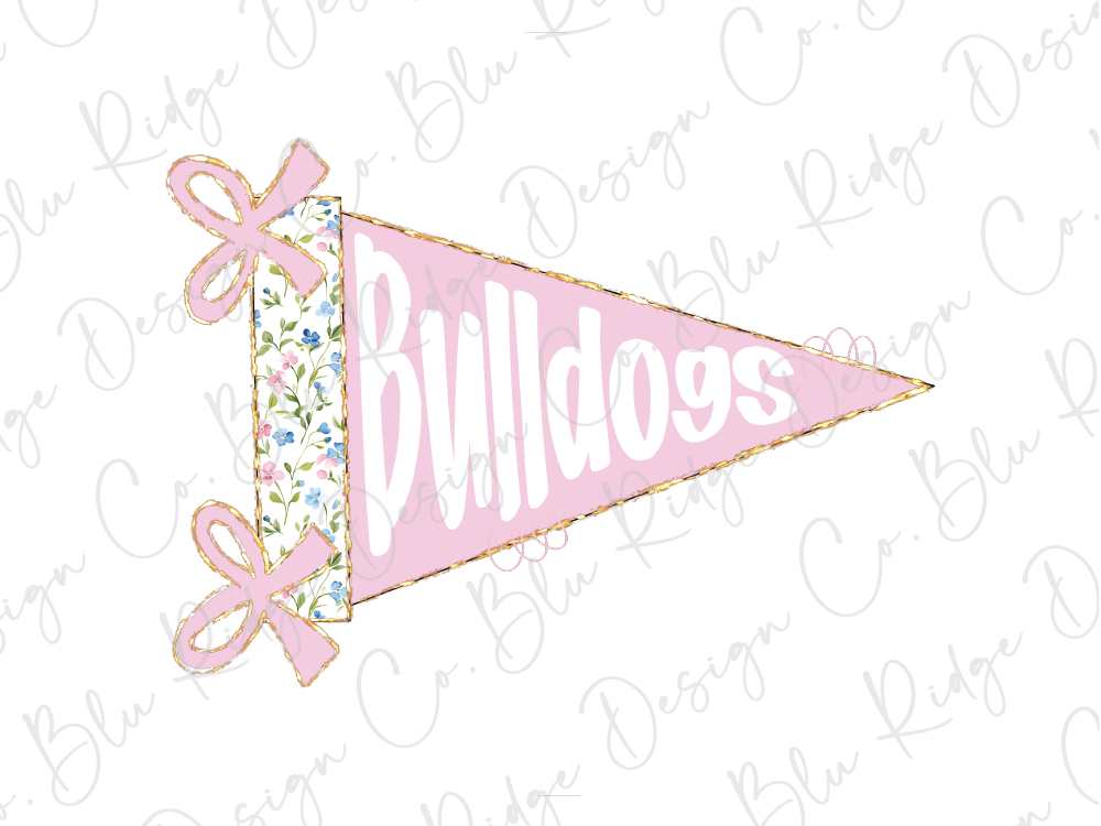 A pink triangular flag with the word "Bulldogs" written on it, along with two pink bows.