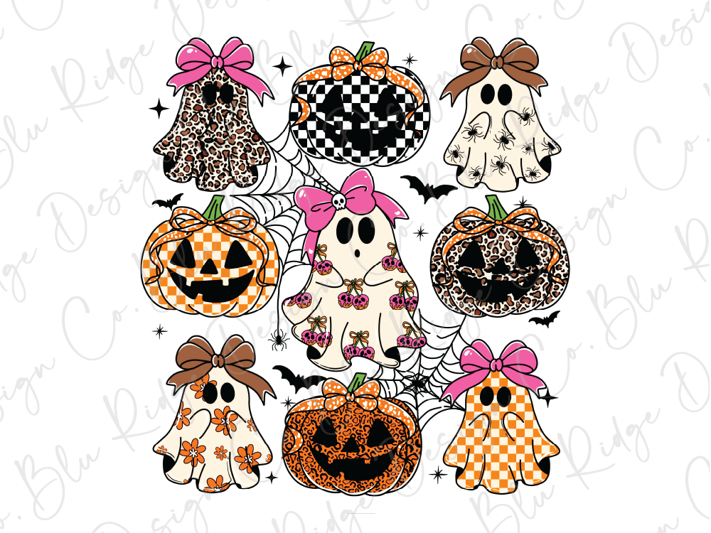 A collection of whimsical Halloween-themed ghost characters, each with unique features and designs, including leopard print, checkered patterns, and floral accents.