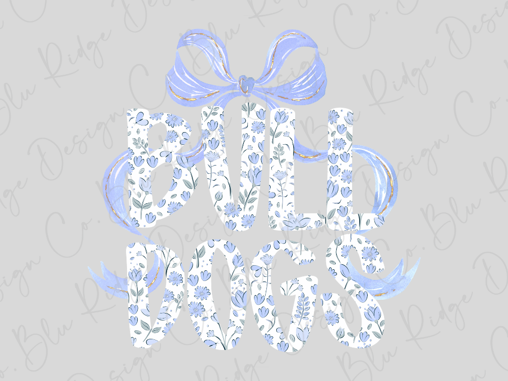 the word "Bulldogs" written in a stylized, floral-patterned font, with a blue ribbon bow above it.