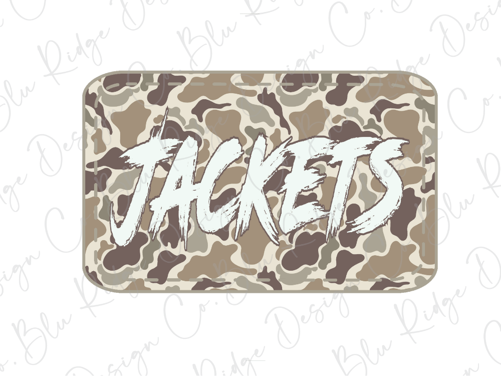 A camouflage-patterned object with the word "JACKETS" written on it in a stylized font.