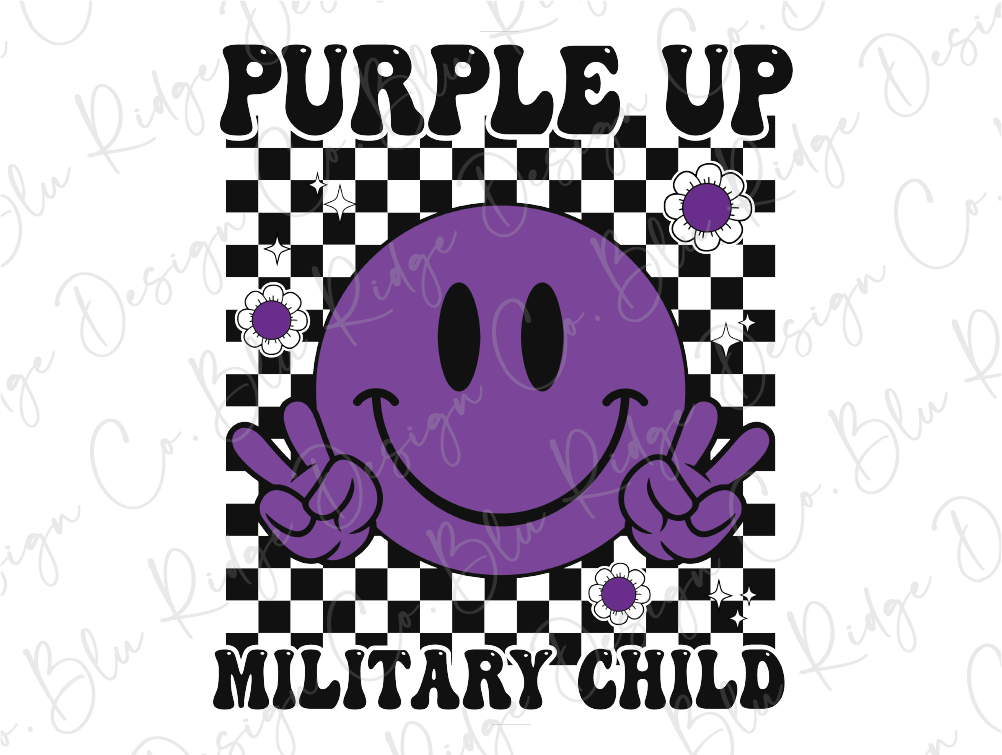 a purple smiley face with the words purple up military child
