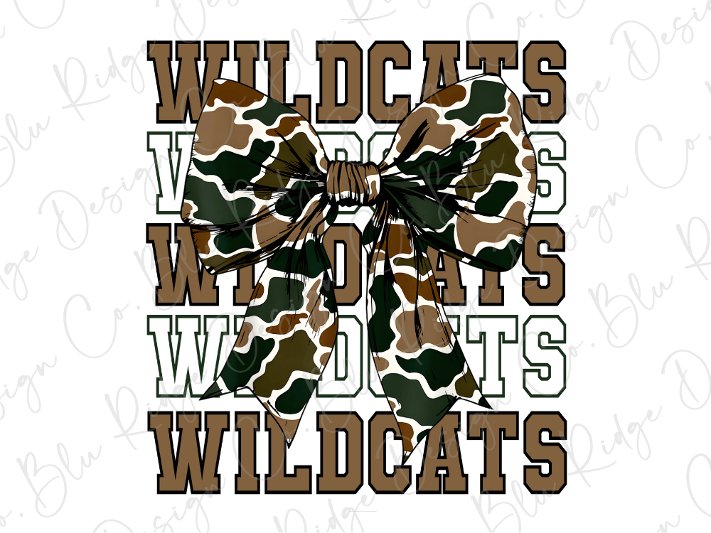 A camouflage bow tie with the word "WILDCATS" written in a bold, brown font.