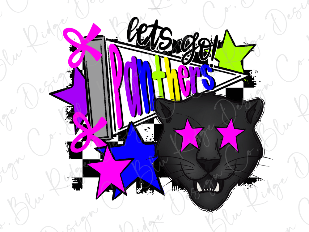 A collage of colorful and stylized images, including a black panther with pink eyes, stars, and a banner with the word "Panthers" written on it.