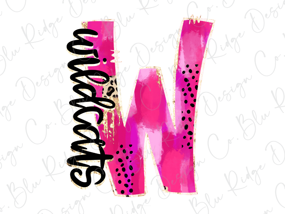 A stylized pink letter "W" with black dots and brushstrokes, accompanied by the word "wildcats" written in a cursive font.