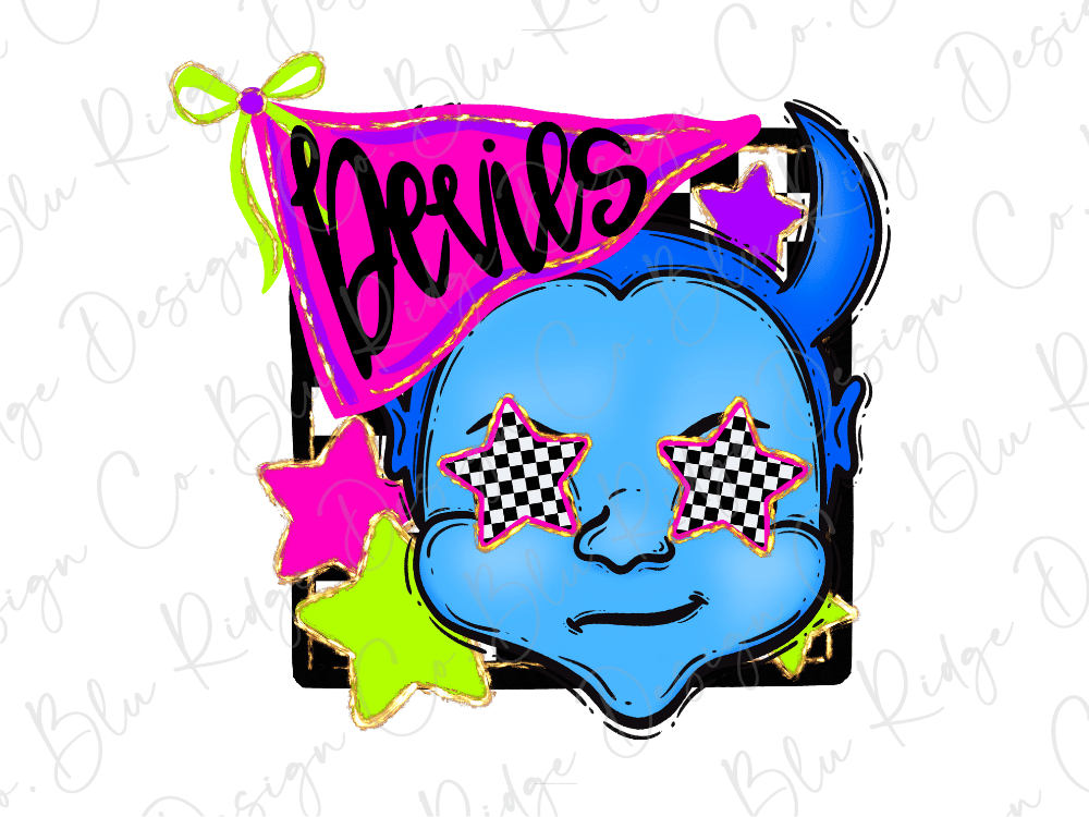 A colorful and whimsical illustration featuring a blue cartoon character with horns, eyes, and stars, along with a pink banner with the word "Devils" written on it.