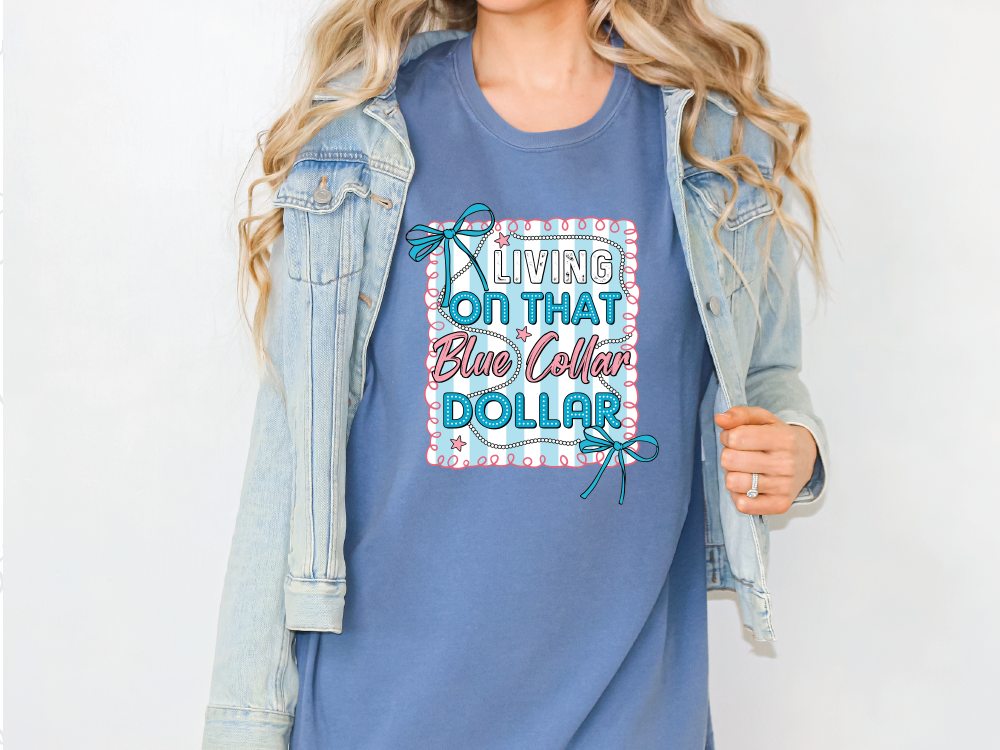 a woman wearing a t - shirt that says living on that dollar