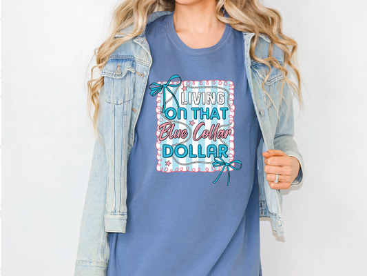 a woman wearing a t - shirt that says living on that dollar