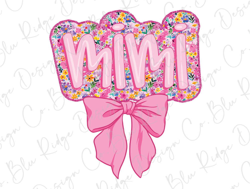 a pink bow with the word mimi on it