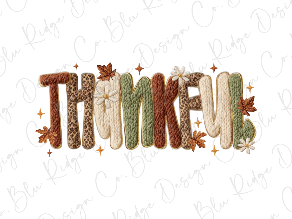 a colorful and textured word "THANKKFUL" made up of various materials, including leaves, flowers, and other natural elements, creating a visually appealing and festive design.