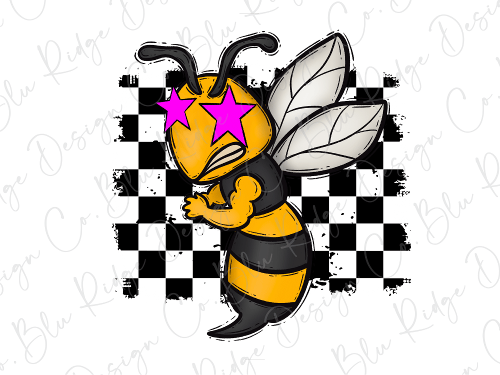 A cartoon bee with large eyes and a yellow body is depicted against a black and white checkered background.