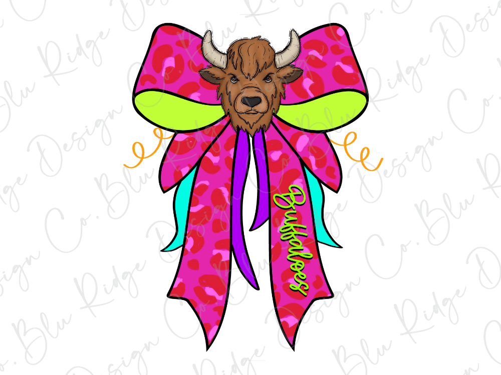 A cartoon illustration of a buffalo head wearing a pink and green bow with the word "Buckholes" written on it.
