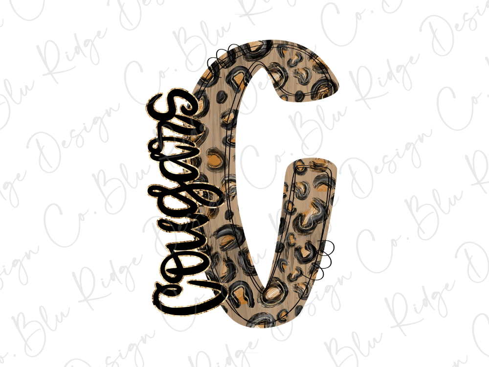 A stylized letter 'C' with a leopard print pattern, featuring the word "Cougars" written in cursive script.