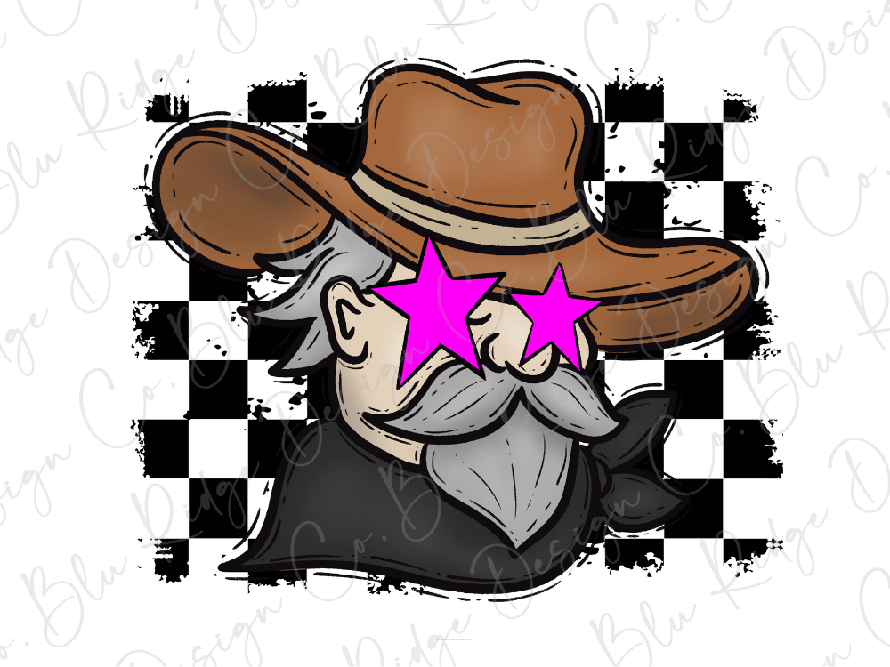 A cartoon illustration of a man wearing a cowboy hat and sunglasses with pink stars, set against a black and white checkered background.