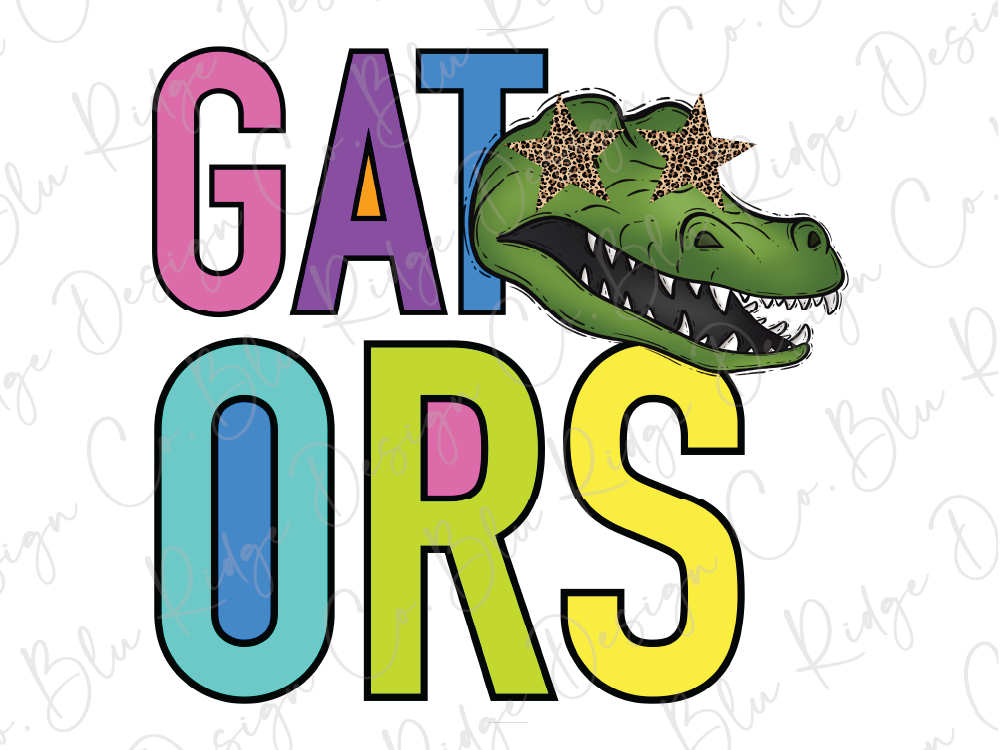 A colorful graphic design featuring the letters 'GATORS' with a cartoon alligator wearing sunglasses and a star on its forehead.