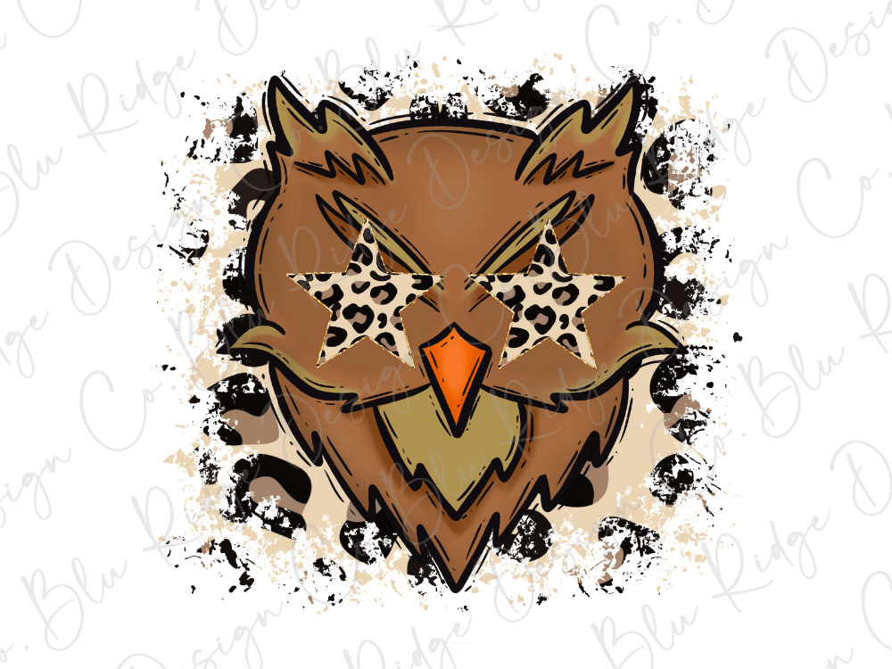 A stylized illustration of an owl with star-shaped eyes and a leopard print pattern, set against a background with splatter-like effects.