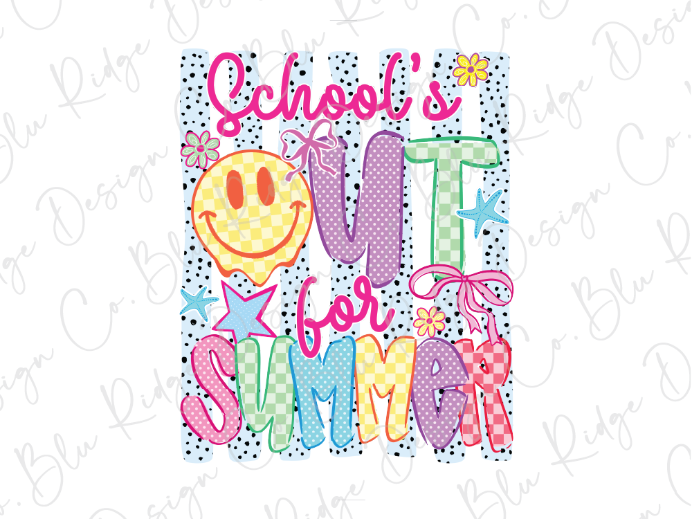 The image is a colorful and playful design featuring a smiling face, a bow, and various summer-themed elements such as flowers, stars, and polka dots. The text "School's Out for Summer" is prominently displayed, suggesting a seasonal or summer-themed design.