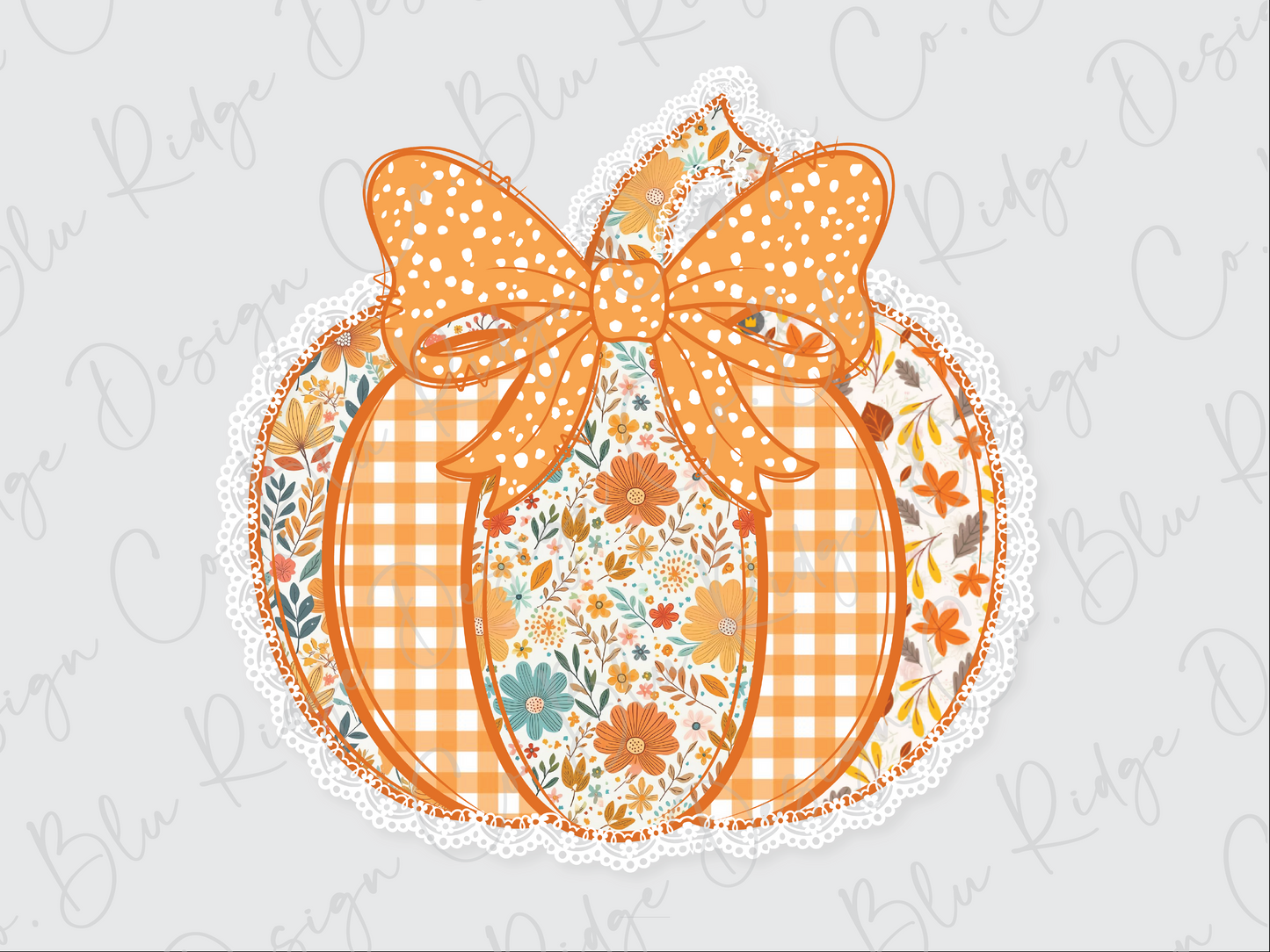 A decorative orange pumpkin with a bow, featuring a floral pattern and lace trim.