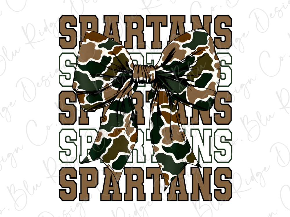 A camouflage bow with the word "SPARTANS" written in a bold, capitalized font.