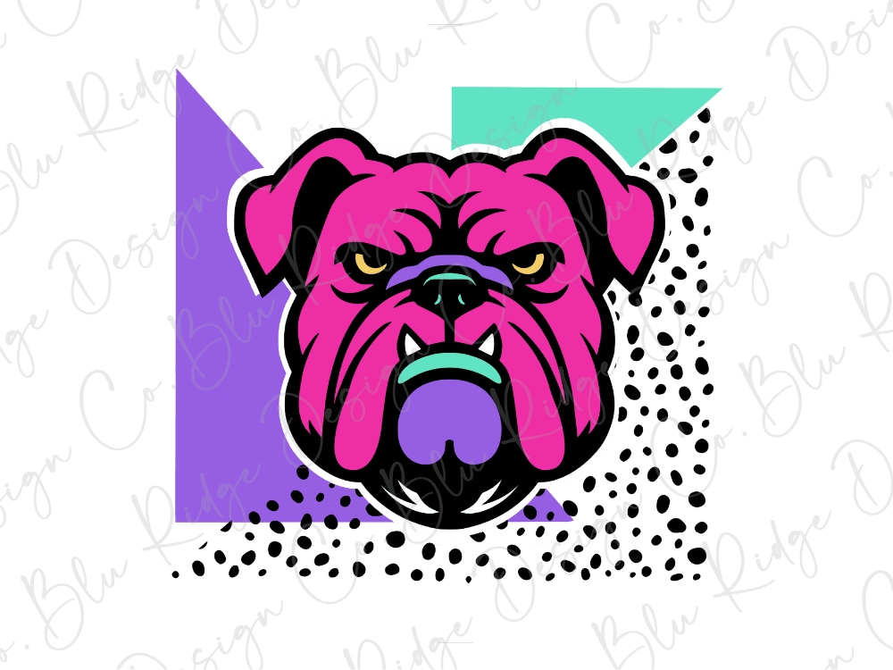 A bold and colorful illustration of a bulldog's head, with a mix of pink, purple, and teal colors, set against a background of geometric shapes and polka dots.