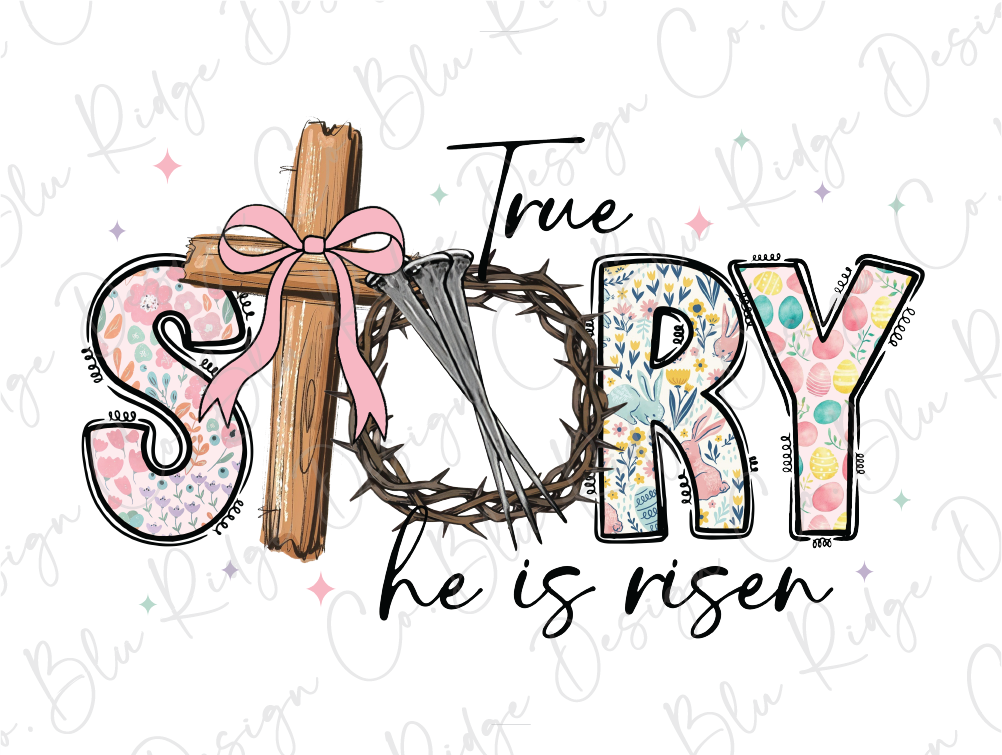 a cross with a pink bow on it and the words true story he is risen