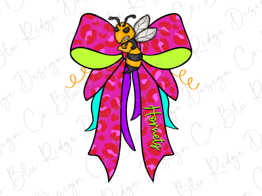 A colorful illustration of a bee with a large pink bow featuring a leopard print pattern.