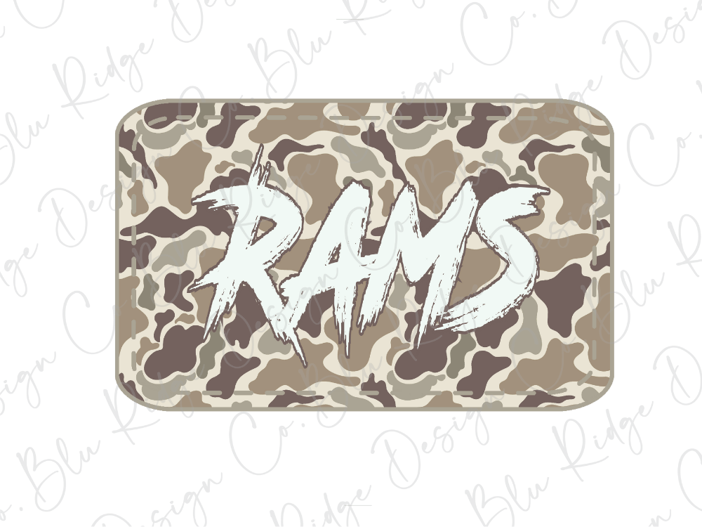 A camouflage-patterned rectangular object with the word "RAMS" written in a stylized, graffiti-like font.