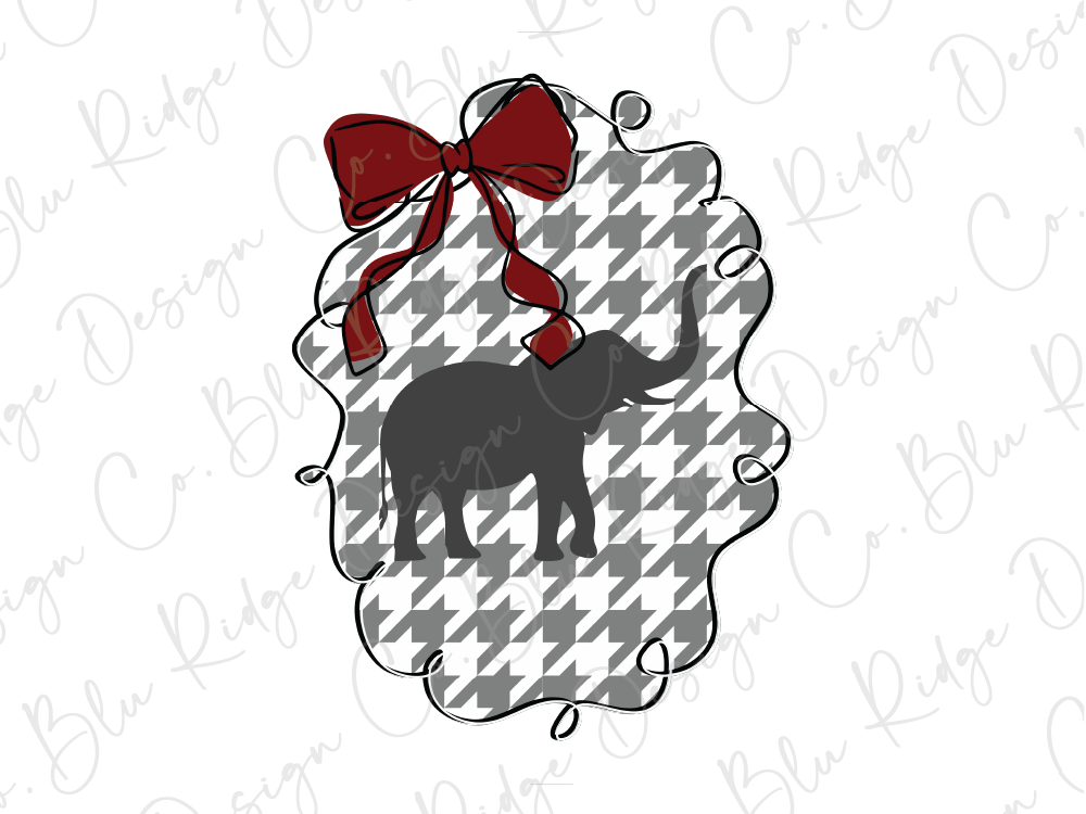 A silhouette of an elephant is depicted within a houndstooth pattern, with a red bow tied around its neck.