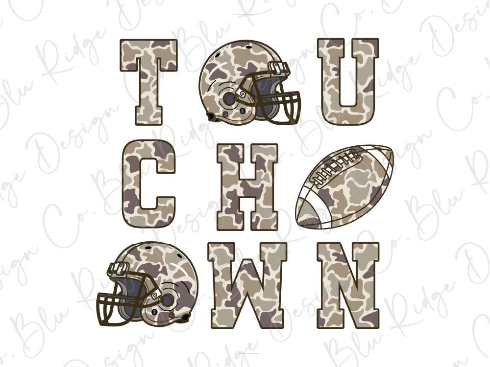 the word "TOUCHDOWN" formed by the letters T, O, C, H, and D, along with a football depicted in the shape of the word "TOUCHDOWN".