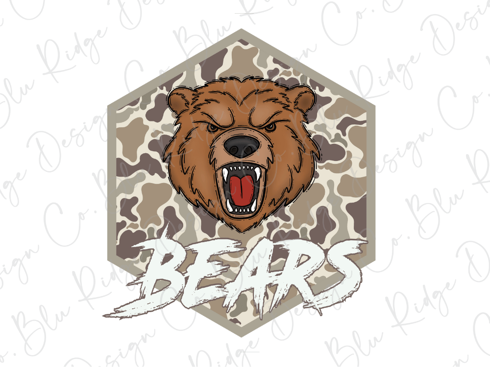 A cartoon illustration of a brown bear with its mouth open, surrounded by a camouflage pattern. The word "BEARS" is written below the bear.