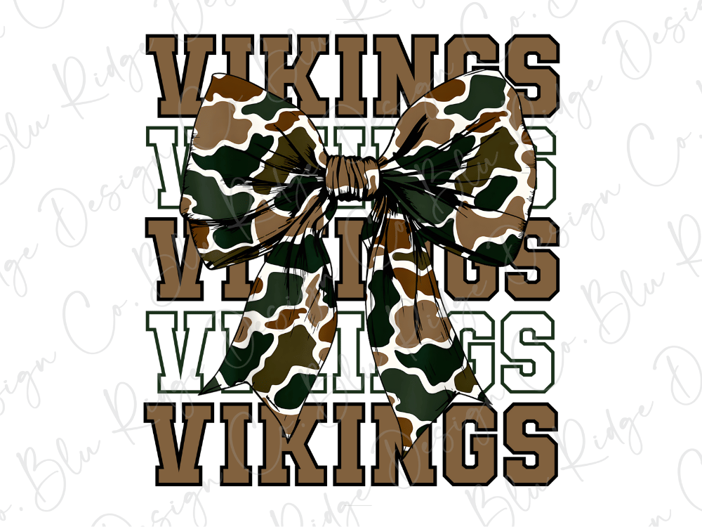 A camouflage bow with the word "Vikings" written in a stylized font, creating a visually striking and cohesive design.