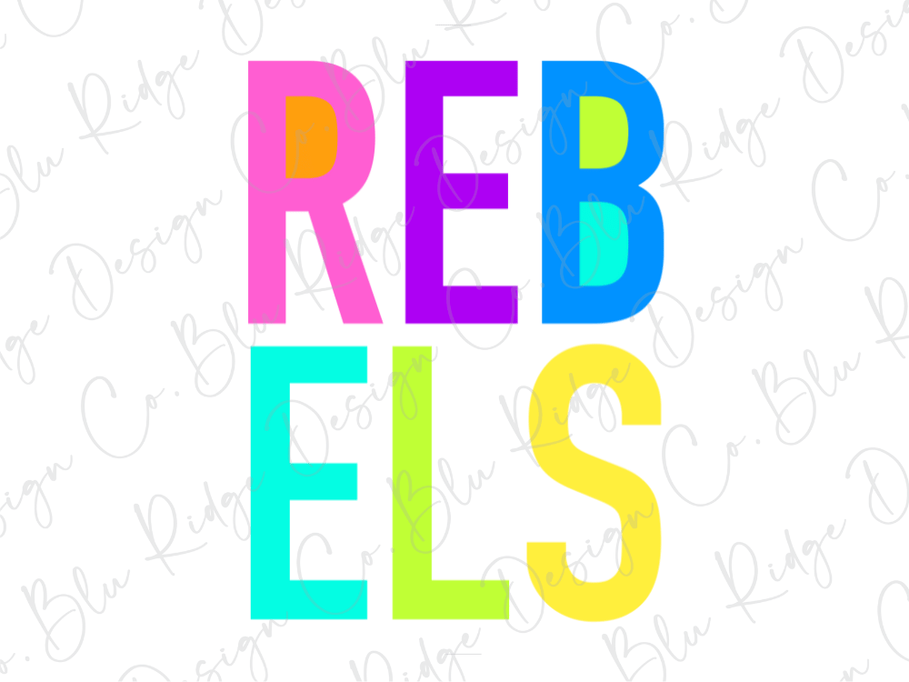 the word "REBELS" in a stylized font, with each letter in a different color.