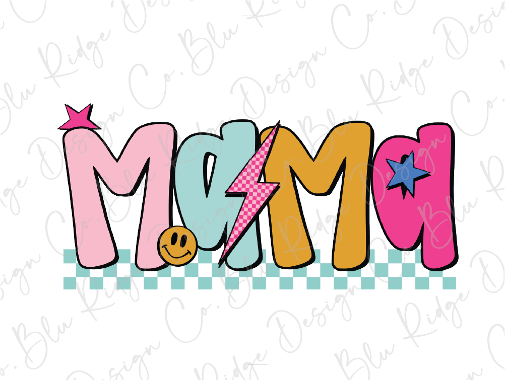 the word mom with a smiley face and stars
