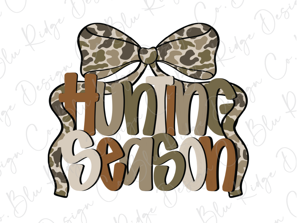 A stylized graphic design featuring the text "Hunting Season" with a camouflage bow on top.