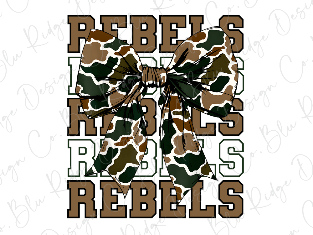 A camouflage bow with the word "REBELS" written in a bold, capitalized font.