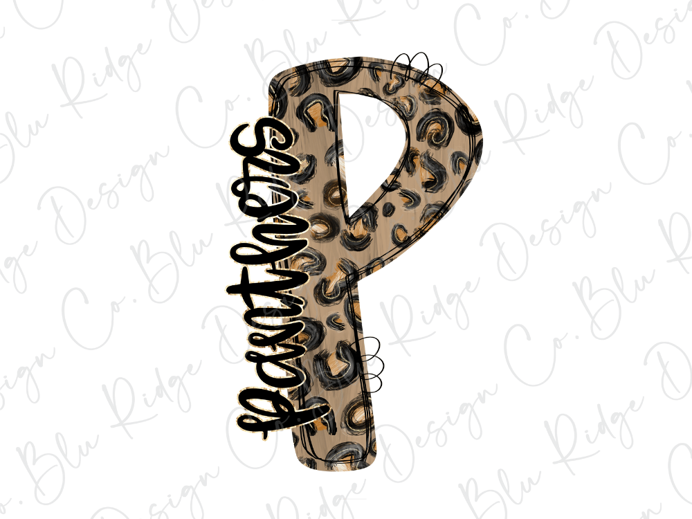 A stylized letter 'P' with a leopard print pattern, featuring the word "Panthers" written in cursive script.