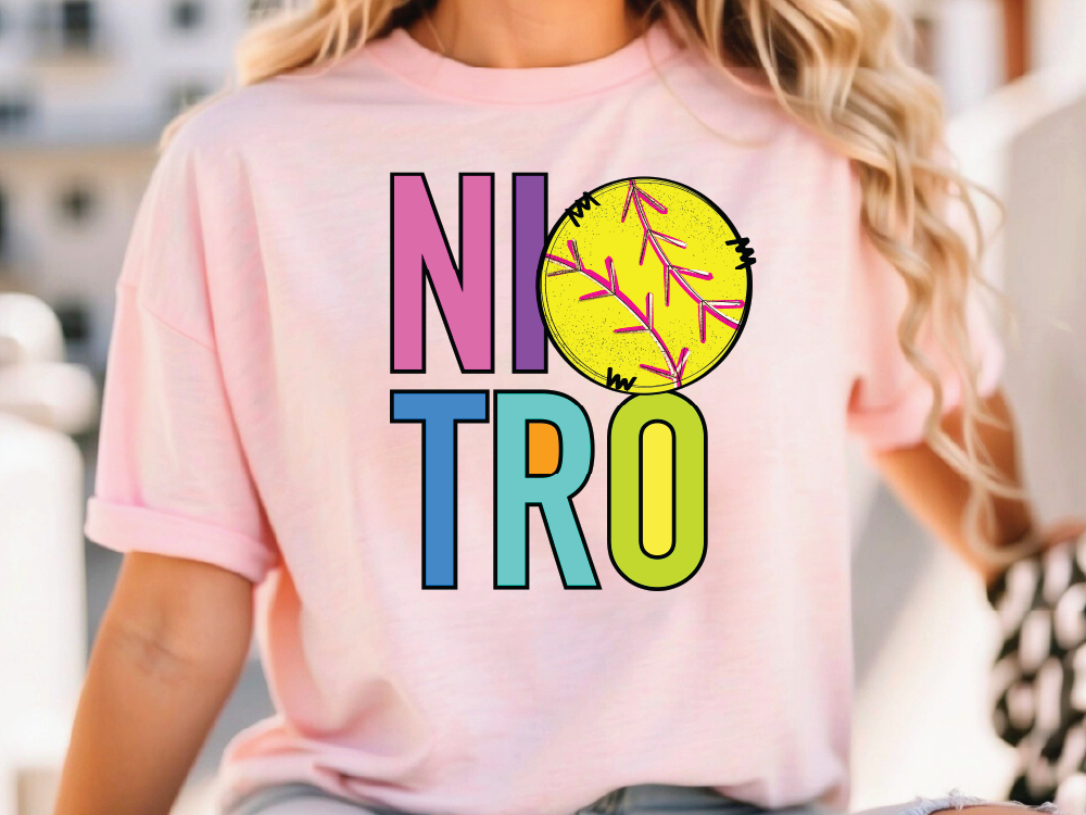 A woman wearing a pink t-shirt with the text "NITRO" printed on it.