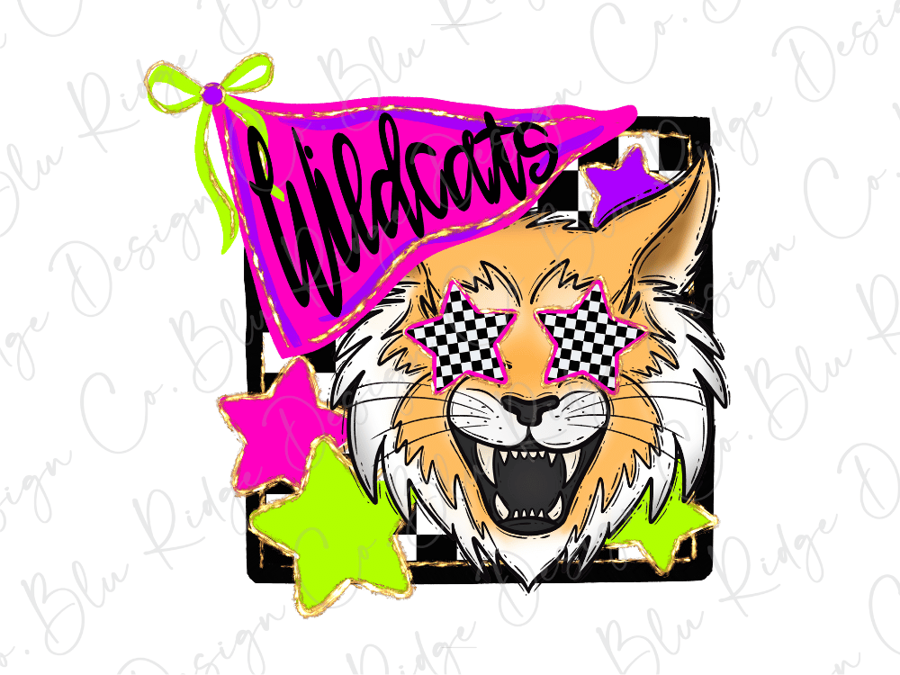A stylized illustration of a wildcat wearing sunglasses and a checkered flag, with the word "Wildcats" written on it.