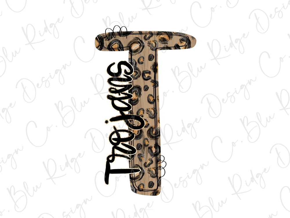 A stylized letter 'T' with a leopard print pattern, featuring the name 'Troy' written in cursive script.